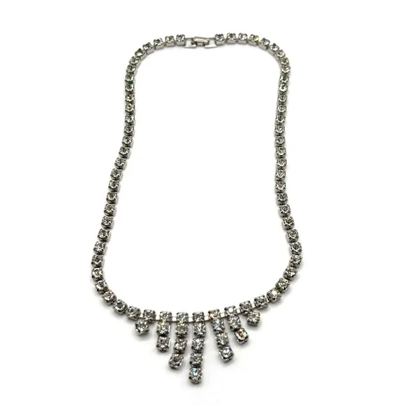 VTG Rhinestone Necklace Clear Dangle Silver Tone J1-3026 - Picture 2 of 9